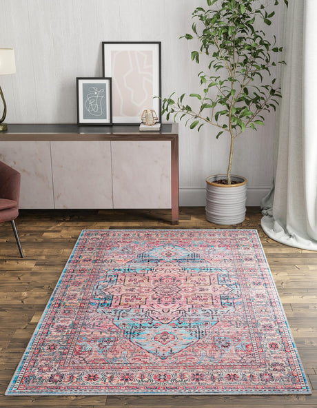 Washable Blue 5' 3 x 8' Maahru Rectangle Area Rug Easy to Clean Stain Resistant & Durable Polyester Chenille Carpet for Living, Dining, Bedrooms, Kitchen for Sale at Rug Engine