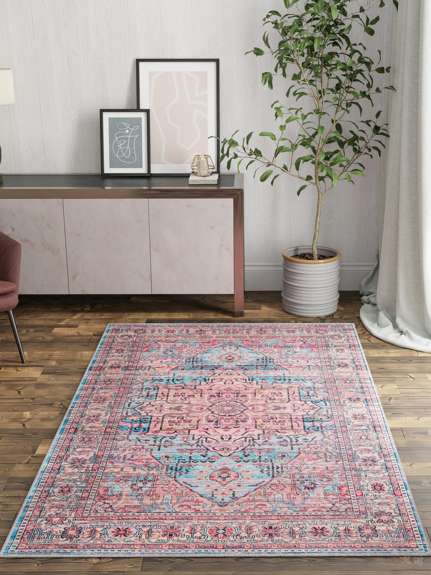 Washable Blue 4' 1 x 6' 1 Maahru Rectangle Area Rug Easy to Clean Stain Resistant & Durable Polyester Chenille Carpet for Living, Dining, Bedrooms, Kitchen for Sale at Rug Engine