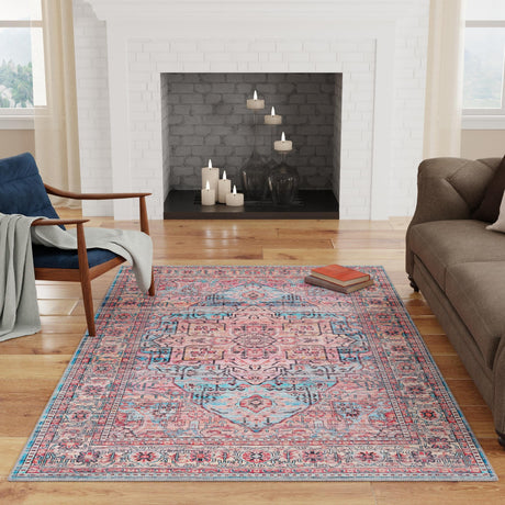 Washable Blue 7' 10 x 10' Maahru Rectangle Area Rug Easy to Clean Stain Resistant & Durable Polyester Chenille Carpet for Living, Dining, Bedrooms, Kitchen for Sale at Rug Engine
