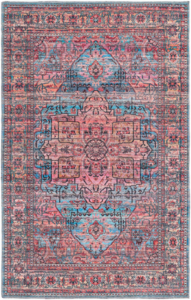 Washable Blue 4' 1 x 6' 1 Maahru Rectangle Area Rug Easy to Clean Stain Resistant & Durable Polyester Chenille Carpet for Living, Dining, Bedrooms, Kitchen for Sale at Rug Engine