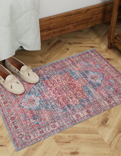 Washable Blue 2' x 3' 1 Maahru Rectangle Area Rug Easy to Clean Stain Resistant & Durable Polyester Chenille Carpet for Living, Dining, Bedrooms, Kitchen for Sale at Rug Engine