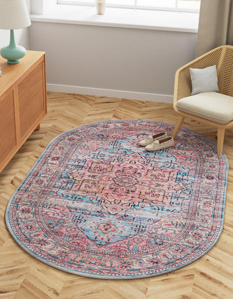 Washable Blue 2' x 3' 1 Maahru Oval Area Rug Easy to Clean Stain Resistant & Durable Polyester Chenille Carpet for Living, Dining, Bedrooms, Kitchen for Sale at Rug Engine
