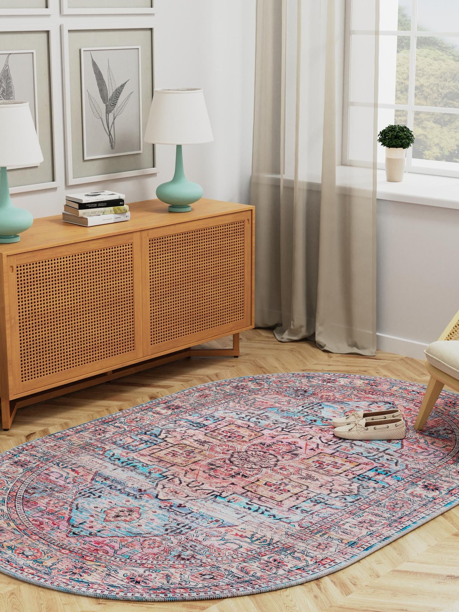 Washable Blue 5' 3 x 8' Maahru Oval Area Rug Easy to Clean Stain Resistant & Durable Polyester Chenille Carpet for Living, Dining, Bedrooms, Kitchen for Sale at Rug Engine
