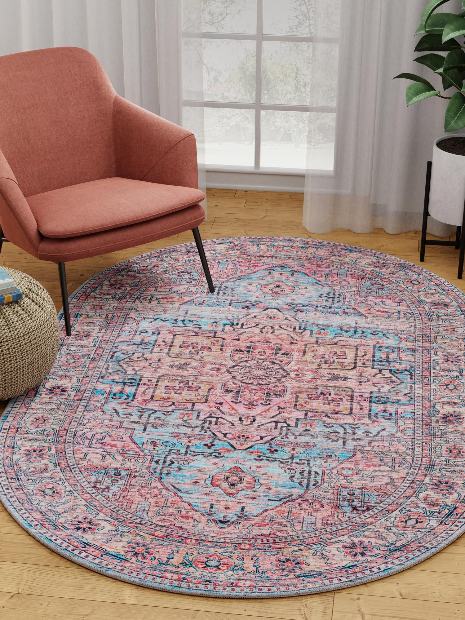 Washable Blue 4' 1 x 6' 1 Maahru Oval Area Rug Easy to Clean Stain Resistant & Durable Polyester Chenille Carpet for Living, Dining, Bedrooms, Kitchen for Sale at Rug Engine