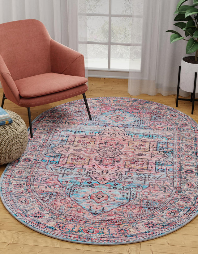 Washable Blue 5' 3 x 8' Maahru Oval Area Rug Easy to Clean Stain Resistant & Durable Polyester Chenille Carpet for Living, Dining, Bedrooms, Kitchen for Sale at Rug Engine