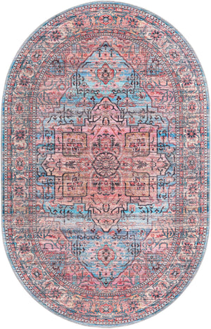 Washable Blue 5' 3 x 8' Maahru Oval Area Rug Easy to Clean Stain Resistant & Durable Polyester Chenille Carpet for Living, Dining, Bedrooms, Kitchen for Sale at Rug Engine