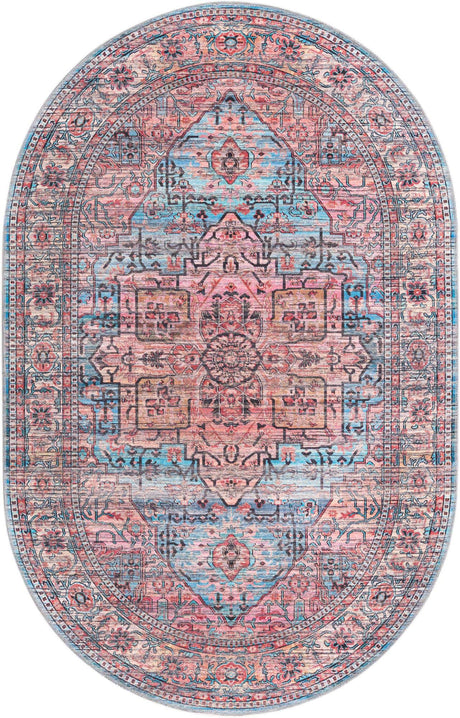 Washable Blue 5' 3 x 8' Maahru Oval Area Rug Easy to Clean Stain Resistant & Durable Polyester Chenille Carpet for Living, Dining, Bedrooms, Kitchen for Sale at Rug Engine