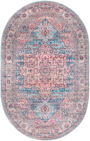 Washable Blue 4' 1 x 6' 1 Maahru Oval Area Rug Easy to Clean Stain Resistant & Durable Polyester Chenille Carpet for Living, Dining, Bedrooms, Kitchen for Sale at Rug Engine