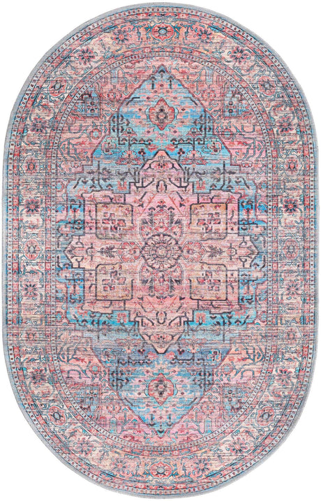 Washable Blue 4' 1 x 6' 1 Maahru Oval Area Rug Easy to Clean Stain Resistant & Durable Polyester Chenille Carpet for Living, Dining, Bedrooms, Kitchen for Sale at Rug Engine