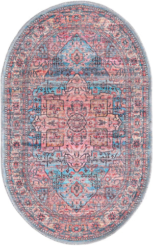 Washable Blue 2' x 3' 1 Maahru Oval Area Rug Easy to Clean Stain Resistant & Durable Polyester Chenille Carpet for Living, Dining, Bedrooms, Kitchen for Sale at Rug Engine