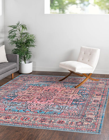 Washable Blue 7' 3 x 7' 3 Maahru Square Area Rug Easy to Clean Stain Resistant & Durable Polyester Chenille Carpet for Living, Dining, Bedrooms, Kitchen for Sale at Rug Engine