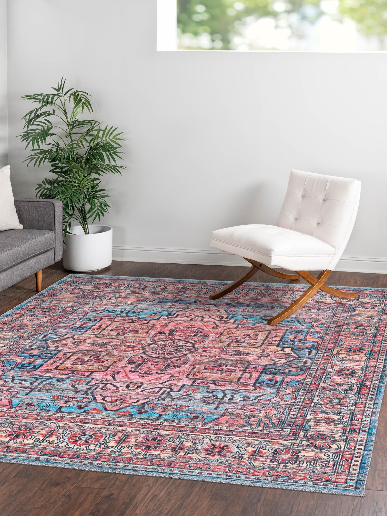 Washable Blue 7' 10 x 7' 10 Maahru Square Area Rug Easy to Clean Stain Resistant & Durable Polyester Chenille Carpet for Living, Dining, Bedrooms, Kitchen for Sale at Rug Engine