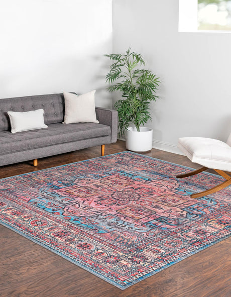 Washable Blue 7' 3 x 7' 3 Maahru Square Area Rug Easy to Clean Stain Resistant & Durable Polyester Chenille Carpet for Living, Dining, Bedrooms, Kitchen for Sale at Rug Engine