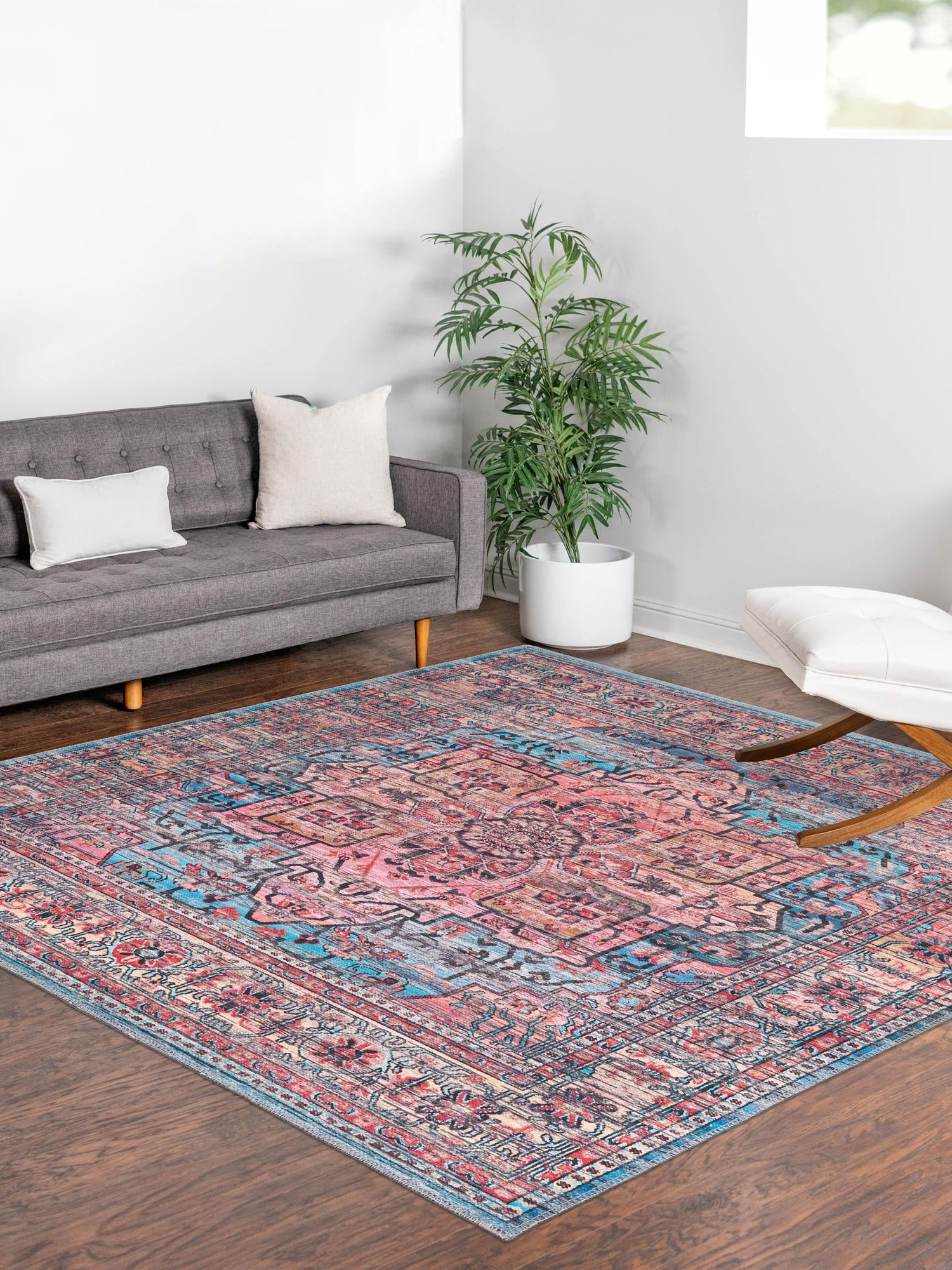Washable Blue 7' 10 x 7' 10 Maahru Square Area Rug Easy to Clean Stain Resistant & Durable Polyester Chenille Carpet for Living, Dining, Bedrooms, Kitchen for Sale at Rug Engine