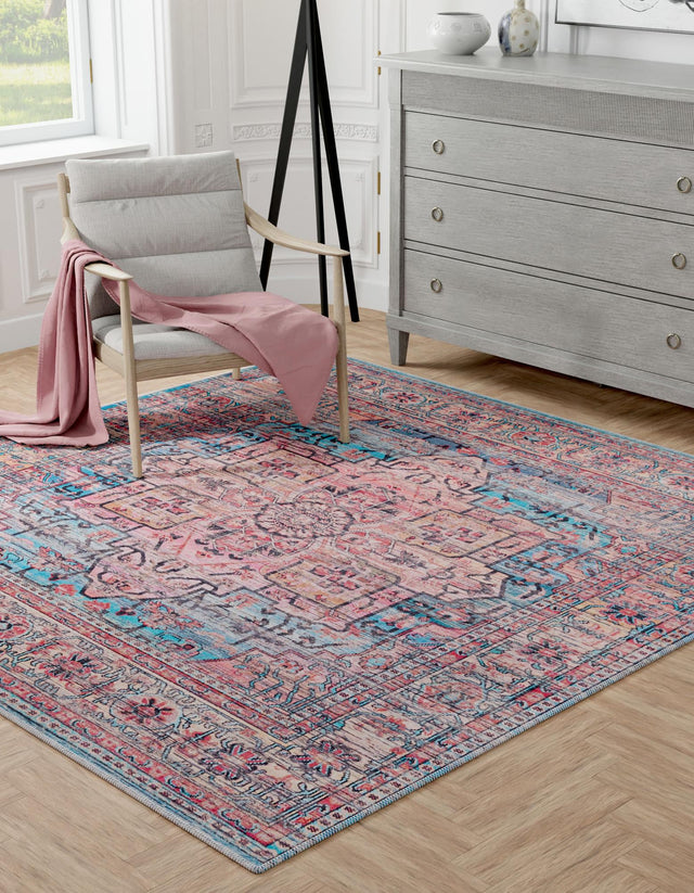 Washable Blue 7' 3 x 7' 3 Maahru Square Area Rug Easy to Clean Stain Resistant & Durable Polyester Chenille Carpet for Living, Dining, Bedrooms, Kitchen for Sale at Rug Engine
