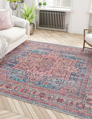 Washable Blue 7' 3 x 7' 3 Maahru Square Area Rug Easy to Clean Stain Resistant & Durable Polyester Chenille Carpet for Living, Dining, Bedrooms, Kitchen for Sale at Rug Engine