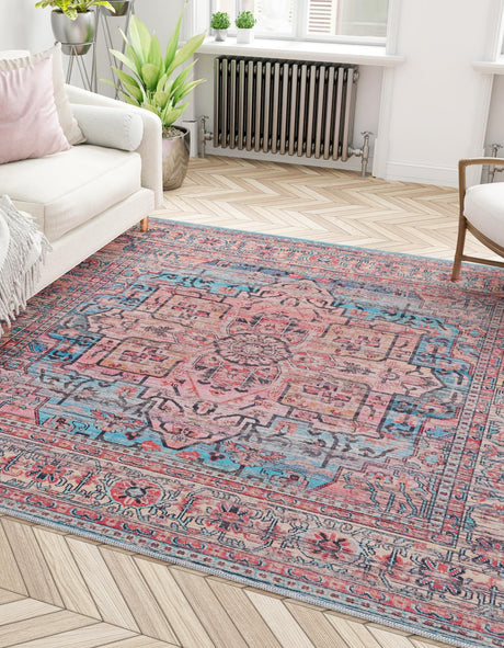 Washable Blue 7' 3 x 7' 3 Maahru Square Area Rug Easy to Clean Stain Resistant & Durable Polyester Chenille Carpet for Living, Dining, Bedrooms, Kitchen for Sale at Rug Engine