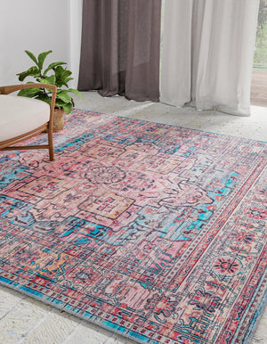 Washable Blue 7' 3 x 7' 3 Maahru Square Area Rug Easy to Clean Stain Resistant & Durable Polyester Chenille Carpet for Living, Dining, Bedrooms, Kitchen for Sale at Rug Engine