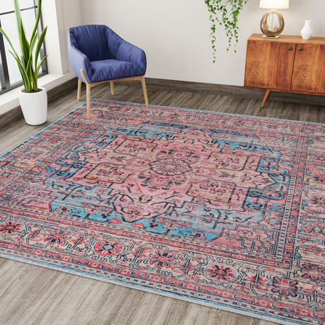 Washable Blue 7' 3 x 7' 3 Maahru Square Area Rug Easy to Clean Stain Resistant & Durable Polyester Chenille Carpet for Living, Dining, Bedrooms, Kitchen for Sale at Rug Engine