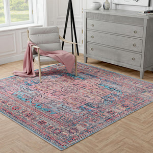 Washable Blue 7' 3 x 7' 3 Maahru Square Area Rug Easy to Clean Stain Resistant & Durable Polyester Chenille Carpet for Living, Dining, Bedrooms, Kitchen for Sale at Rug Engine