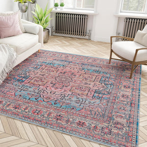 Washable Blue 7' 3 x 7' 3 Maahru Square Area Rug Easy to Clean Stain Resistant & Durable Polyester Chenille Carpet for Living, Dining, Bedrooms, Kitchen for Sale at Rug Engine