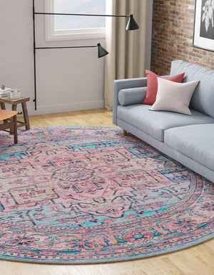 Washable Blue 10' 6 x 10' 6 Maahru Round Area Rug Easy to Clean Stain Resistant & Durable Polyester Chenille Carpet for Living, Dining, Bedrooms, Kitchen for Sale at Rug Engine