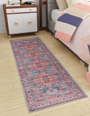 Washable Blue 2' x 10' Maahru Runner Area Rug Easy to Clean Stain Resistant & Durable Polyester Chenille Carpet for Living, Dining, Bedrooms, Kitchen for Sale at Rug Engine