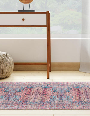 Washable Blue 2' x 8' Maahru Runner Area Rug Easy to Clean Stain Resistant & Durable Polyester Chenille Carpet for Living, Dining, Bedrooms, Kitchen for Sale at Rug Engine