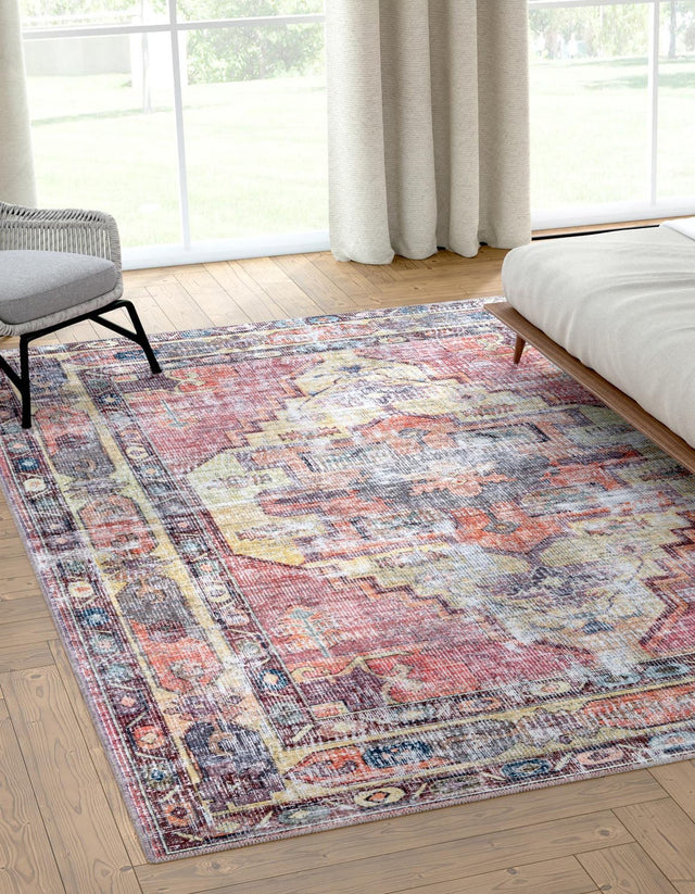Washable Yellow Pink 7' 3 x 10' Maahru Rectangle Area Rug Easy to Clean Stain Resistant & Durable Polyester Chenille Carpet for Living, Dining, Bedrooms, Kitchen for Sale at Rug Engine