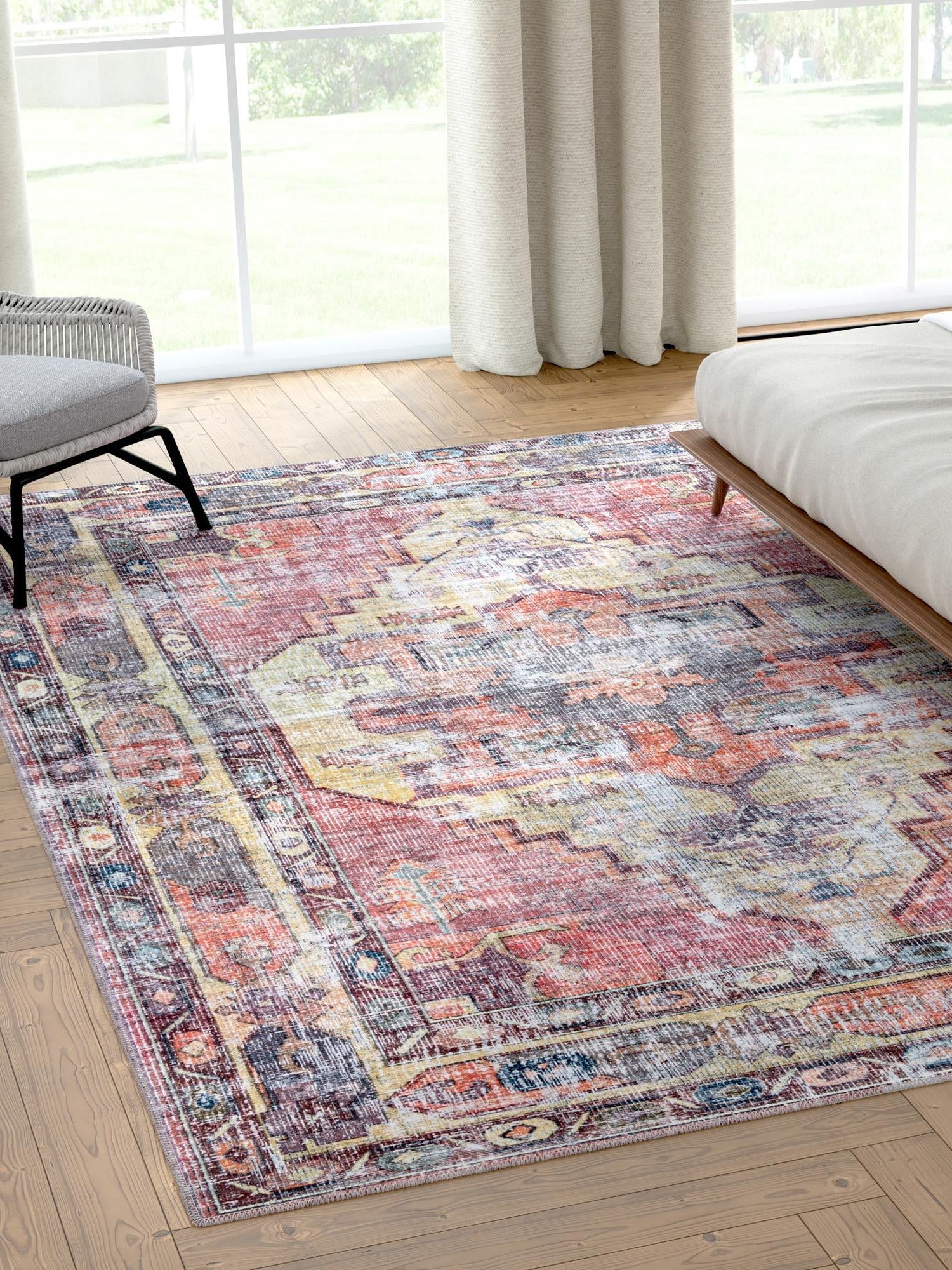 Washable Yellow Pink 6' 1 x 9' Maahru Rectangle Area Rug Easy to Clean Stain Resistant & Durable Polyester Chenille Carpet for Living, Dining, Bedrooms, Kitchen for Sale at Rug Engine