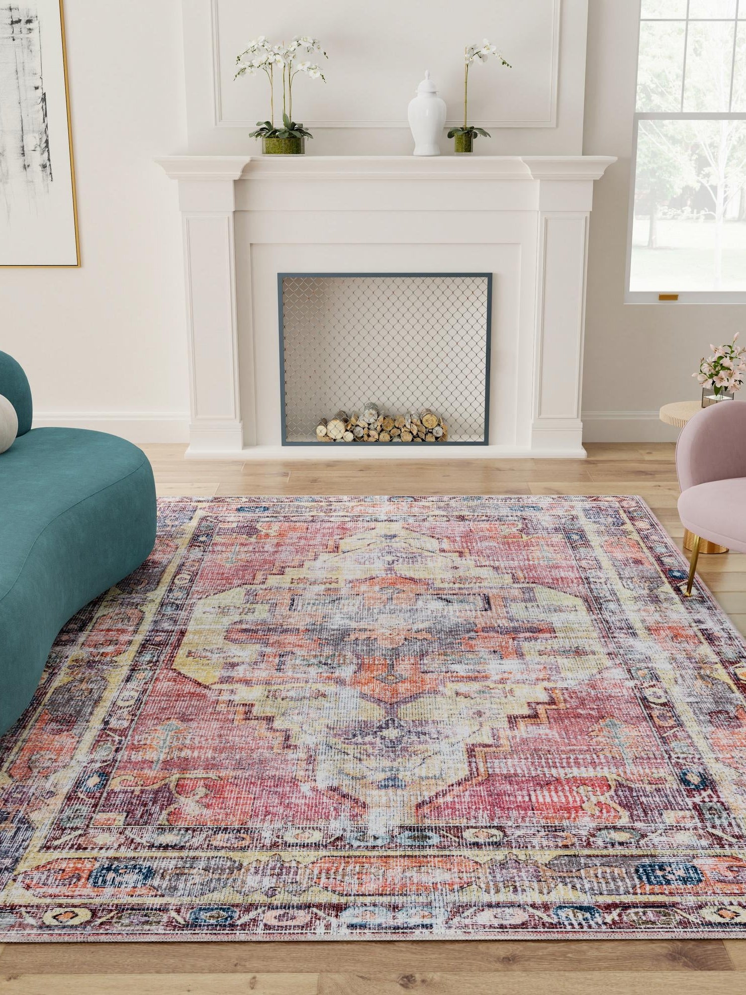 Washable Yellow Pink 6' 1 x 9' Maahru Rectangle Area Rug Easy to Clean Stain Resistant & Durable Polyester Chenille Carpet for Living, Dining, Bedrooms, Kitchen for Sale at Rug Engine