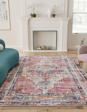 Washable Yellow Pink 4' 1 x 6' 1 Maahru Rectangle Area Rug Easy to Clean Stain Resistant & Durable Polyester Chenille Carpet for Living, Dining, Bedrooms, Kitchen for Sale at Rug Engine