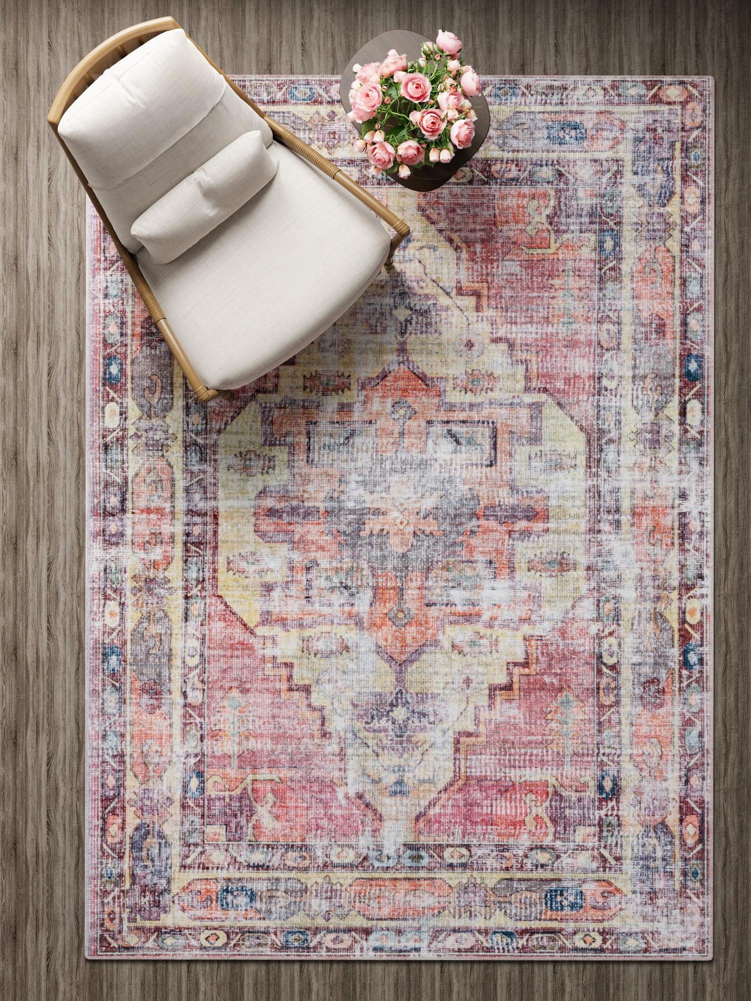 Washable Yellow Pink 7' 3 x 10' Maahru Rectangle Area Rug Easy to Clean Stain Resistant & Durable Polyester Chenille Carpet for Living, Dining, Bedrooms, Kitchen for Sale at Rug Engine