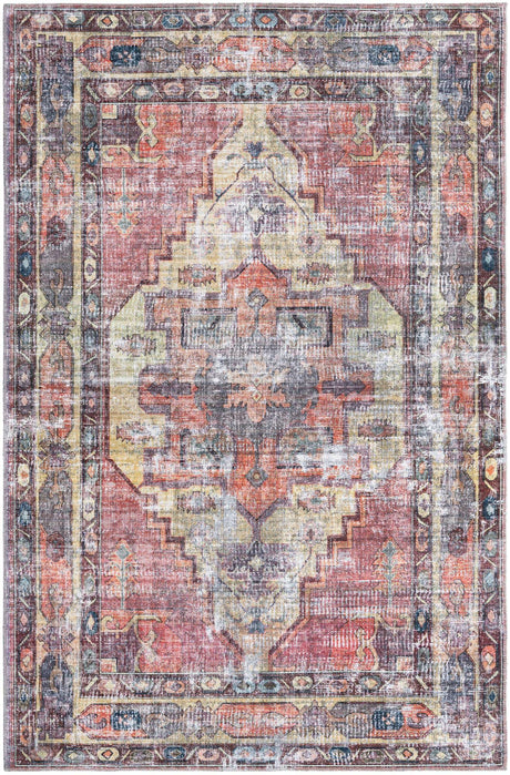 Washable Yellow Pink 6' 1 x 9' Maahru Rectangle Area Rug Easy to Clean Stain Resistant & Durable Polyester Chenille Carpet for Living, Dining, Bedrooms, Kitchen for Sale at Rug Engine