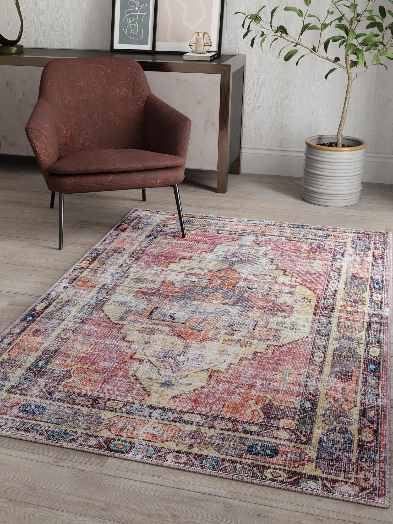 Washable Yellow Pink 7' 3 x 10' Maahru Rectangle Area Rug Easy to Clean Stain Resistant & Durable Polyester Chenille Carpet for Living, Dining, Bedrooms, Kitchen for Sale at Rug Engine
