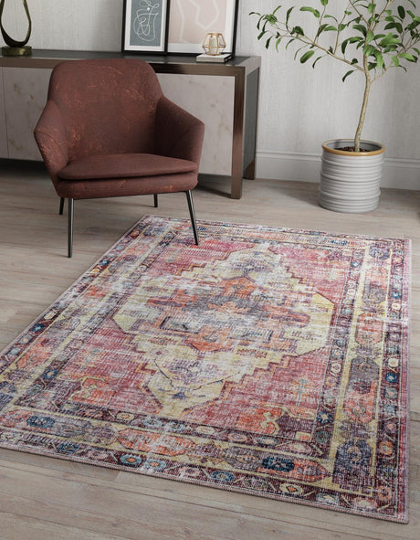 Washable Yellow Pink 6' 1 x 9' Maahru Rectangle Area Rug Easy to Clean Stain Resistant & Durable Polyester Chenille Carpet for Living, Dining, Bedrooms, Kitchen for Sale at Rug Engine