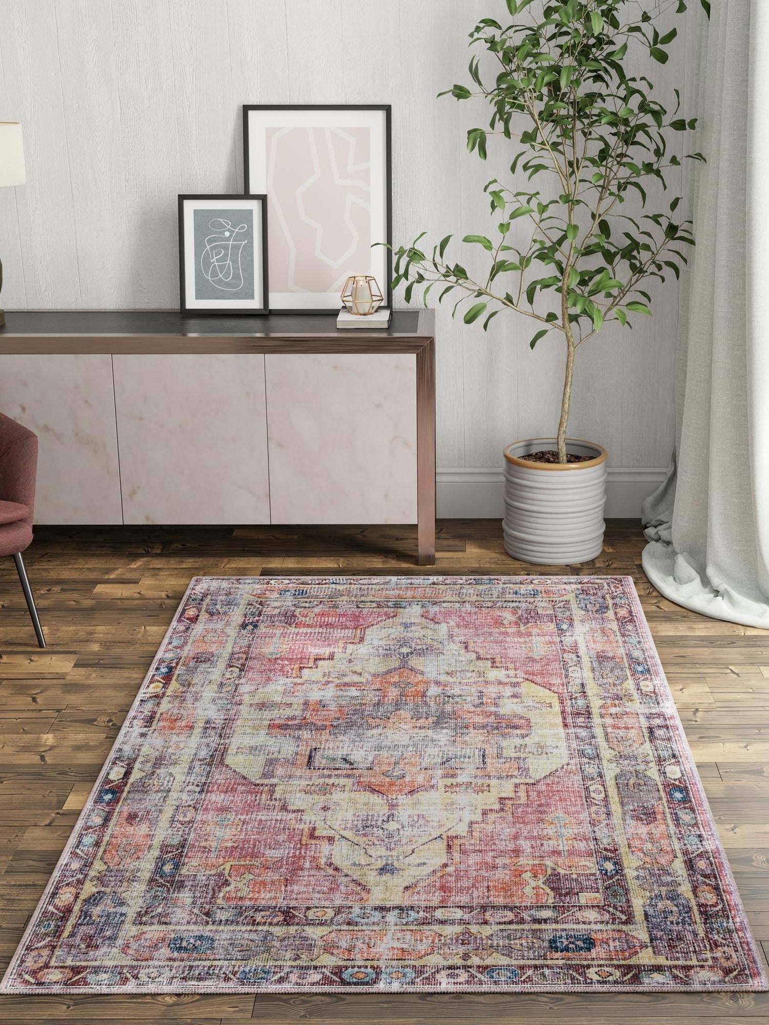 Washable Yellow Pink 7' 10 x 10' Maahru Rectangle Area Rug Easy to Clean Stain Resistant & Durable Polyester Chenille Carpet for Living, Dining, Bedrooms, Kitchen for Sale at Rug Engine