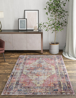 Washable Yellow Pink 9' 2 x 12' Maahru Rectangle Area Rug Easy to Clean Stain Resistant & Durable Polyester Chenille Carpet for Living, Dining, Bedrooms, Kitchen for Sale at Rug Engine