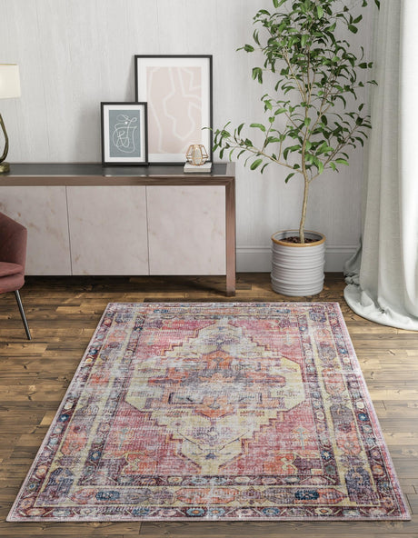 Washable Yellow Pink 9' 2 x 12' Maahru Rectangle Area Rug Easy to Clean Stain Resistant & Durable Polyester Chenille Carpet for Living, Dining, Bedrooms, Kitchen for Sale at Rug Engine