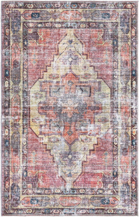 Washable Yellow Pink 5' 3 x 8' Maahru Rectangle Area Rug Easy to Clean Stain Resistant & Durable Polyester Chenille Carpet for Living, Dining, Bedrooms, Kitchen for Sale at Rug Engine