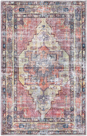 Washable Yellow Pink 4' 1 x 6' 1 Maahru Rectangle Area Rug Easy to Clean Stain Resistant & Durable Polyester Chenille Carpet for Living, Dining, Bedrooms, Kitchen for Sale at Rug Engine