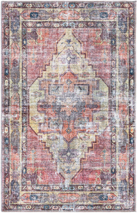 Washable Yellow Pink 4' 1 x 6' 1 Maahru Rectangle Area Rug Easy to Clean Stain Resistant & Durable Polyester Chenille Carpet for Living, Dining, Bedrooms, Kitchen for Sale at Rug Engine