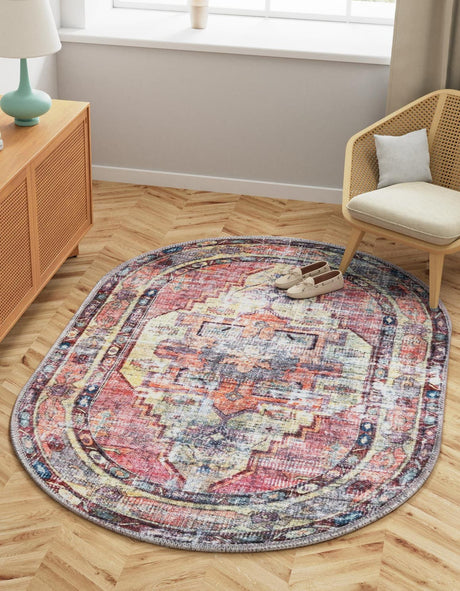 Washable Yellow Pink 2' x 3' 1 Maahru Oval Area Rug Easy to Clean Stain Resistant & Durable Polyester Chenille Carpet for Living, Dining, Bedrooms, Kitchen for Sale at Rug Engine