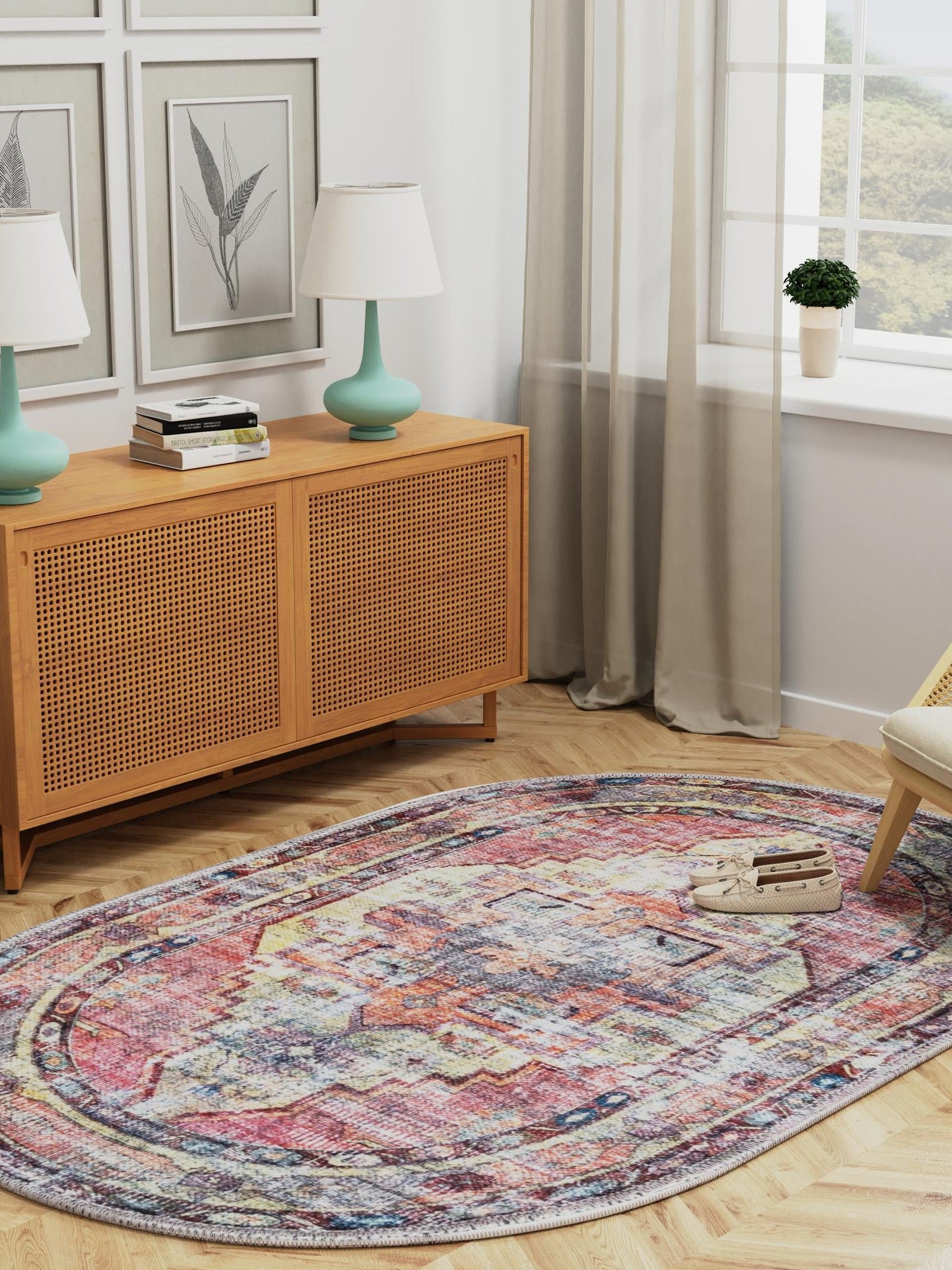 Washable Yellow Pink 5' 3 x 8' Maahru Oval Area Rug Easy to Clean Stain Resistant & Durable Polyester Chenille Carpet for Living, Dining, Bedrooms, Kitchen for Sale at Rug Engine