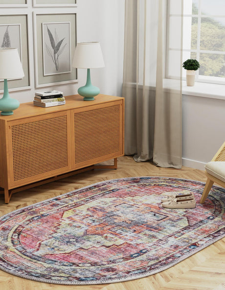 Washable Yellow Pink 5' 3 x 8' Maahru Oval Area Rug Easy to Clean Stain Resistant & Durable Polyester Chenille Carpet for Living, Dining, Bedrooms, Kitchen for Sale at Rug Engine