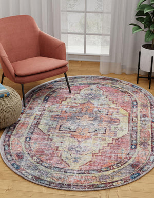 Washable Yellow Pink 2' x 3' 1 Maahru Oval Area Rug Easy to Clean Stain Resistant & Durable Polyester Chenille Carpet for Living, Dining, Bedrooms, Kitchen for Sale at Rug Engine