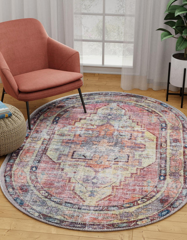 Washable Yellow Pink 2' x 3' 1 Maahru Oval Area Rug Easy to Clean Stain Resistant & Durable Polyester Chenille Carpet for Living, Dining, Bedrooms, Kitchen for Sale at Rug Engine