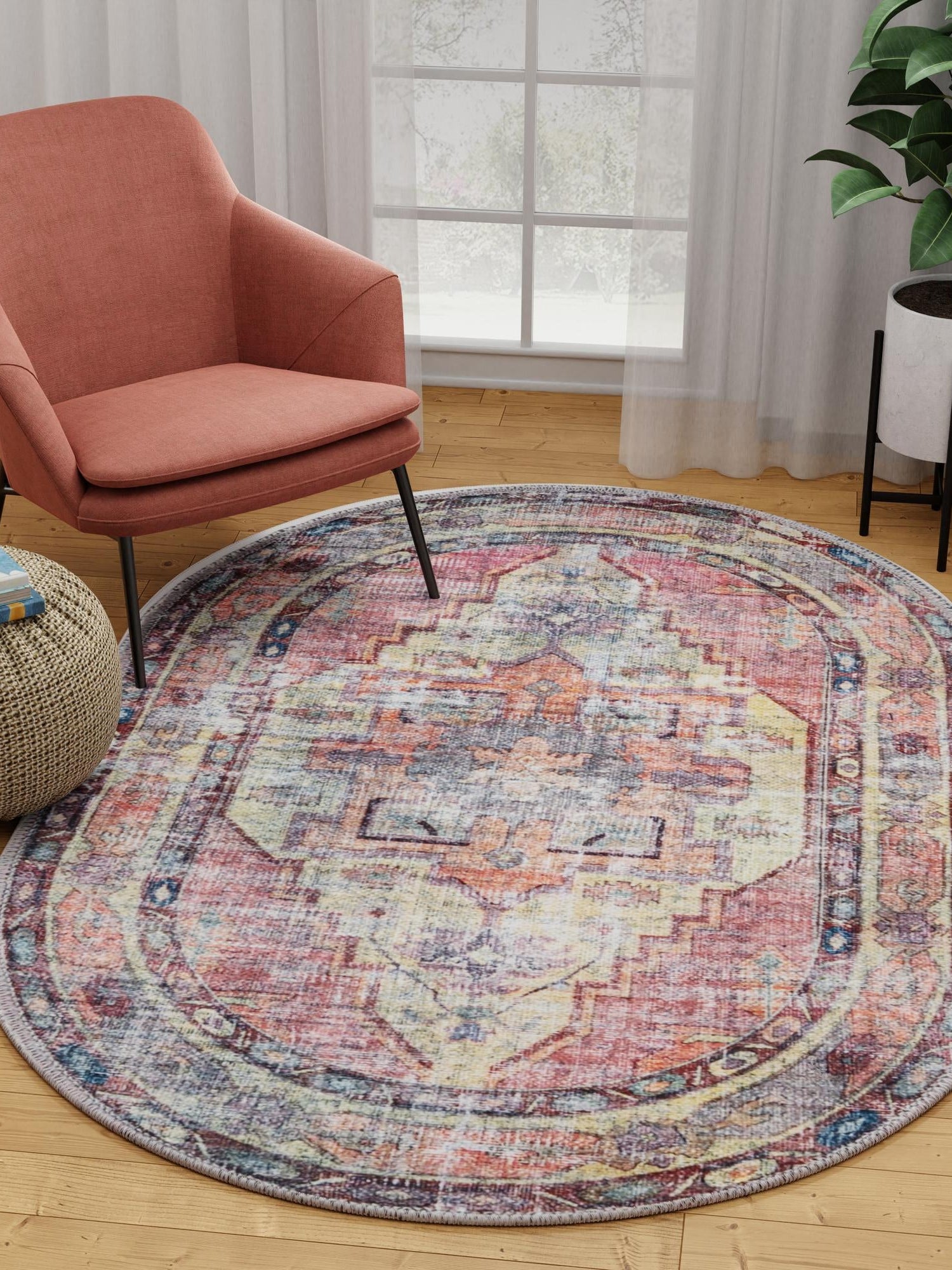 Washable Yellow Pink 5' 3 x 8' Maahru Oval Area Rug Easy to Clean Stain Resistant & Durable Polyester Chenille Carpet for Living, Dining, Bedrooms, Kitchen for Sale at Rug Engine