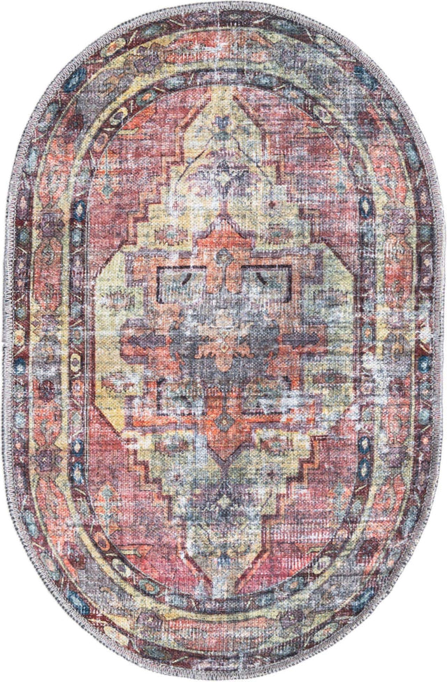 Washable Yellow Pink 5' 3 x 8' Maahru Oval Area Rug Easy to Clean Stain Resistant & Durable Polyester Chenille Carpet for Living, Dining, Bedrooms, Kitchen for Sale at Rug Engine