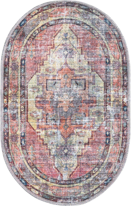 Washable Yellow Pink 2' x 3' 1 Maahru Oval Area Rug Easy to Clean Stain Resistant & Durable Polyester Chenille Carpet for Living, Dining, Bedrooms, Kitchen for Sale at Rug Engine